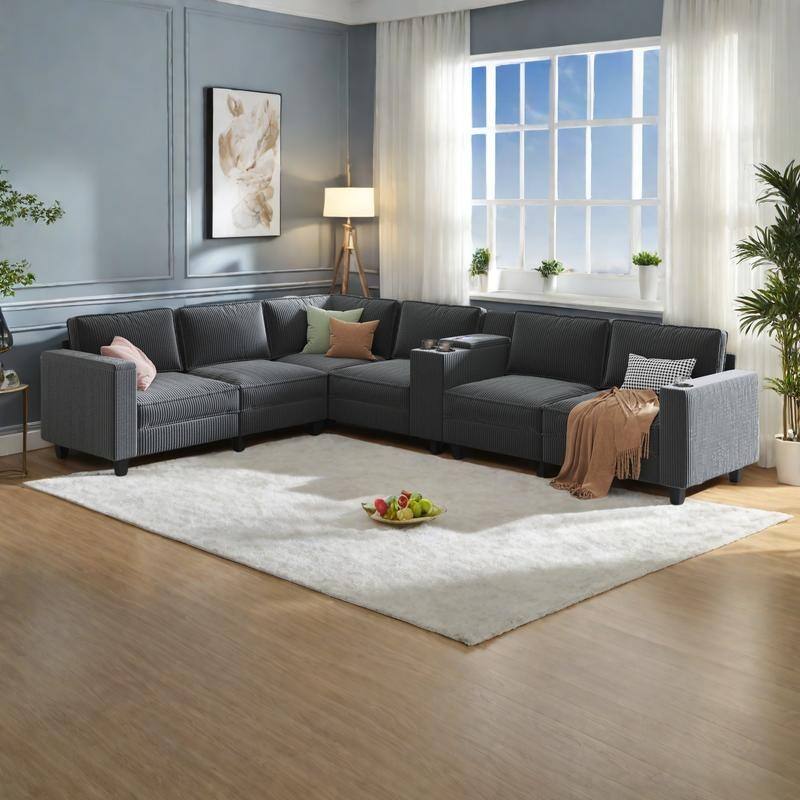 133.4" Corduroy L-Shaped Sectional Sofa with USB Charging and Storage, 6-Seater - Grey