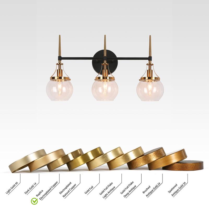 Beta Modern 3-Light Glass Bathroom Vanity Lights Black Gold Wall Sconces