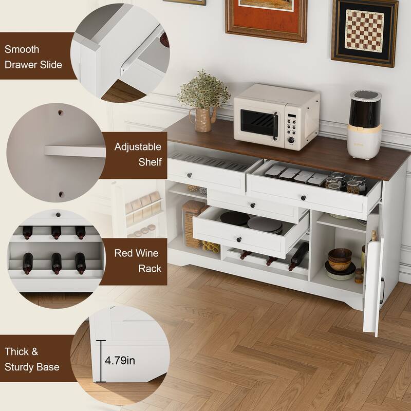 Roomfitters 54 Inch Farmhouse Sideboard, Buffet Cabinet with Wine Rack and Storage, Coffee Bar Station, White and Walnut