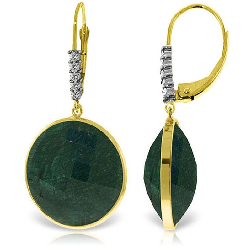 14K Solid Gold Diamonds Leverback Earrings w/ Emerald Color Corundum - Yellow