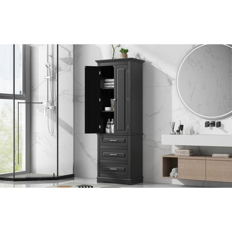 Tall Storage Cabinet with 3 Drawers, Bathroom & Office Organizer with Adjustable Shelves