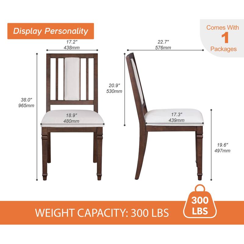 Farmhouse Dining Chair and Bench Set, Solid Wood Upholstered Armless Chair and Dining Bench with Turned Legs