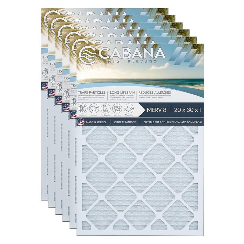 Cabana Air Filters 6 Pack HVAC Furnace Air Filters, MERV 8, 20 x 30 x 1, White - 0.93