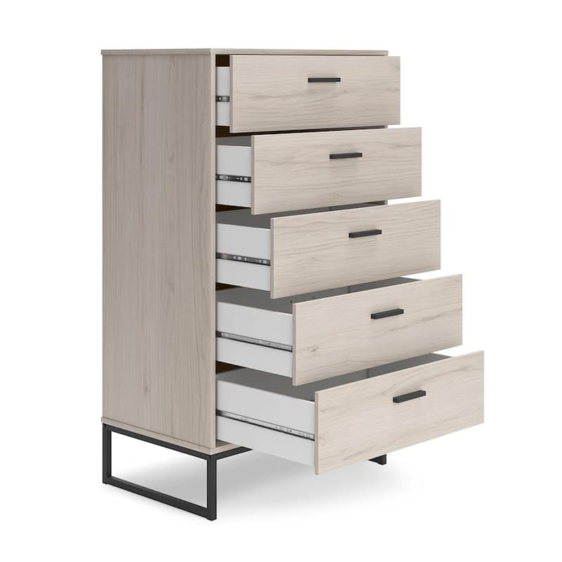 Zed 51 Inch 5 Drawer Chest, Natural Beige Wood Frame, Black Metal Base