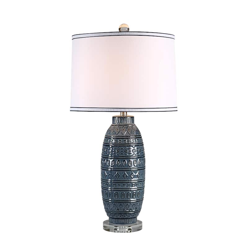 Carved Ceramic Table Lamp with Tapered Shade - 30.5" - Blue