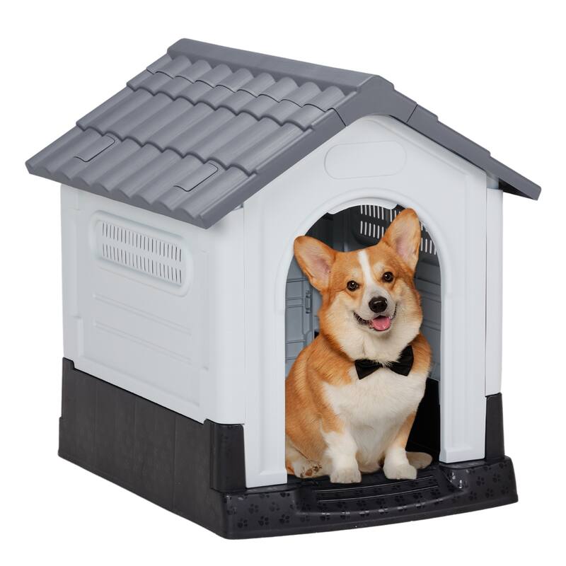 Plastic Dog House with Air Vents, Elevated Floor, Insulated Outdoor Indoor Kennel for Small Dogs