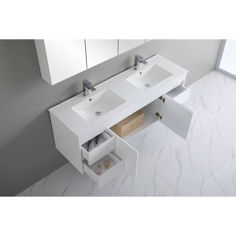 CB HOME 24"/30"/36"/48"/60" Pure White Bathroom Vanity, Floating Wall Mounted Cabinet w/ Integral Ceramic Sink Basin Countertop