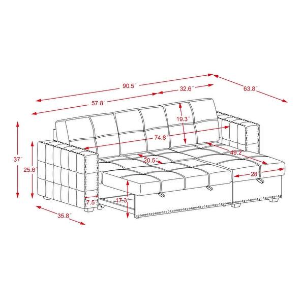 Black Lshape Sectional Sofa Set Velvet Pull Out Couch with Reversible