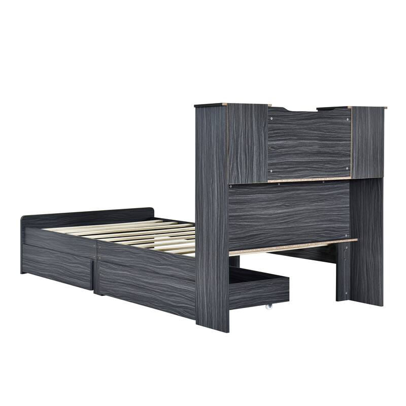 Platform Bed Frame with 4 Open Storage Shelves and 2 Storage Drawers