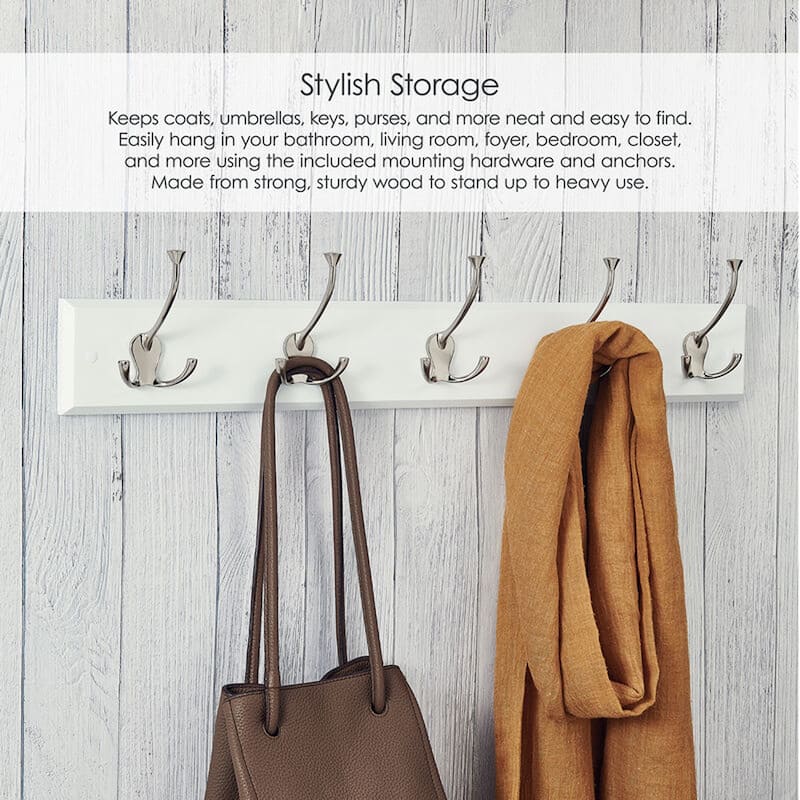 Melannco Wall Mounted Coat Rack with 5 Metal Hooks, 27X5 Inch, White