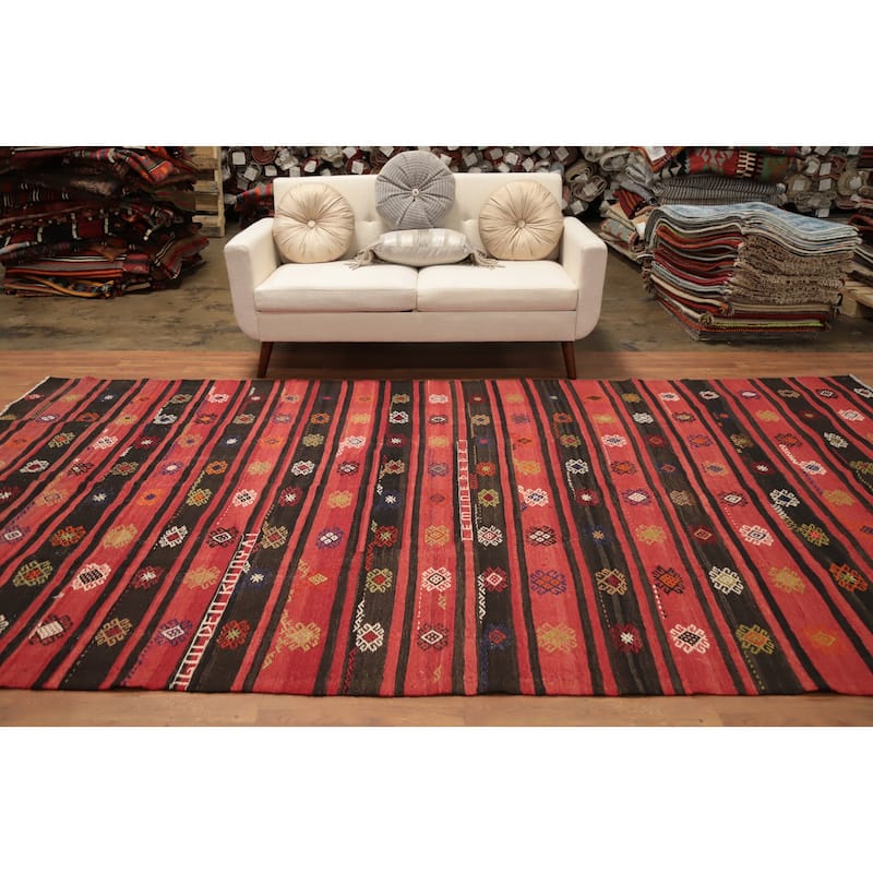 Hand Woven Oriental 100% Wool Carpet Southwestern Tribal Red Kilim Area Rug - 12' 2'' X 6' 8''