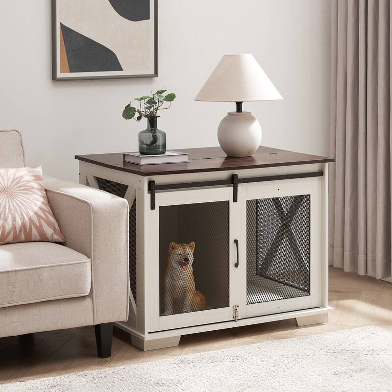 Farmhouse Dog Cage Crate Furniture with Sliding Door and Flip-Top Access for Secure Pet Space