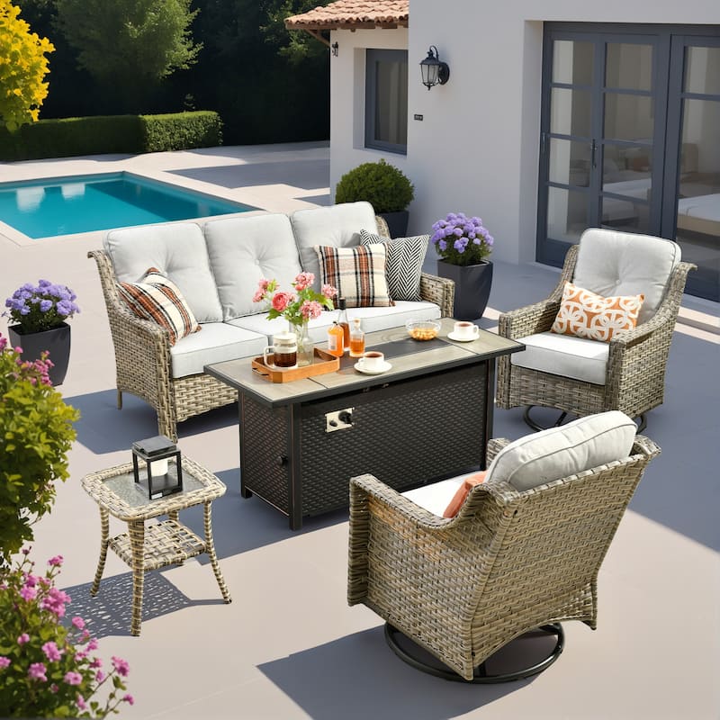 OVIOS 5 Pieces Outdoor Wicker Set with 54" Fire Table