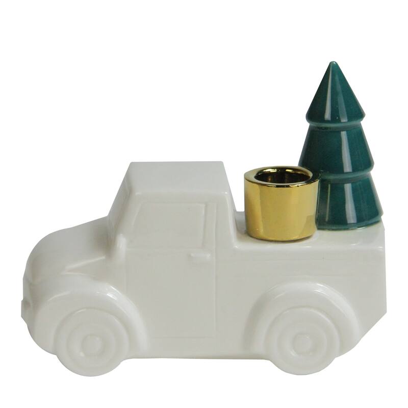 Ceramic Truck with Christmas Tree Taper Candlestick Holder - 6" - White