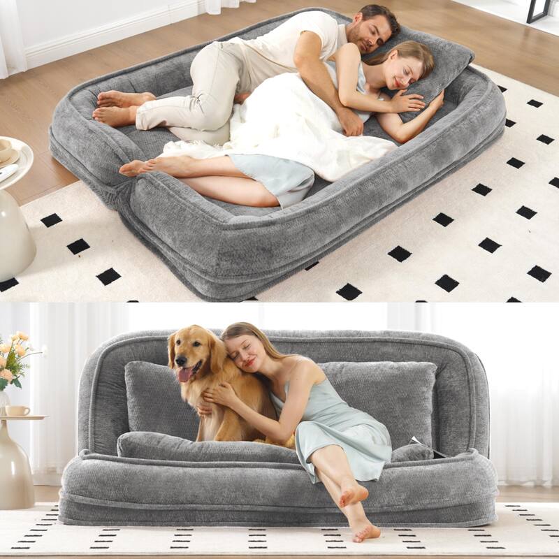 Pet Friendly Lazy Loveseat Sofa 2-in-1 Chenille Floor Couch Double Human Sleeper Bed with 5 Adjustable Position, Plump Pillows - Light Grey