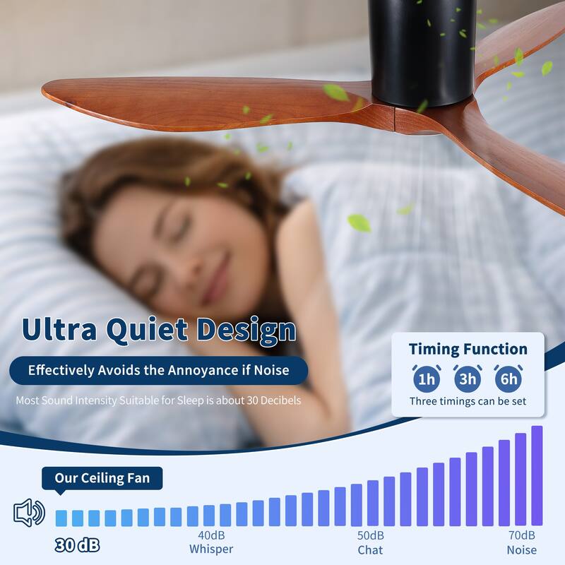 52" Mordern Farmhouse Retro Solid Wood Low Profile Flush Mount Ceiling Fan with Light and Reversible Quiet Motor