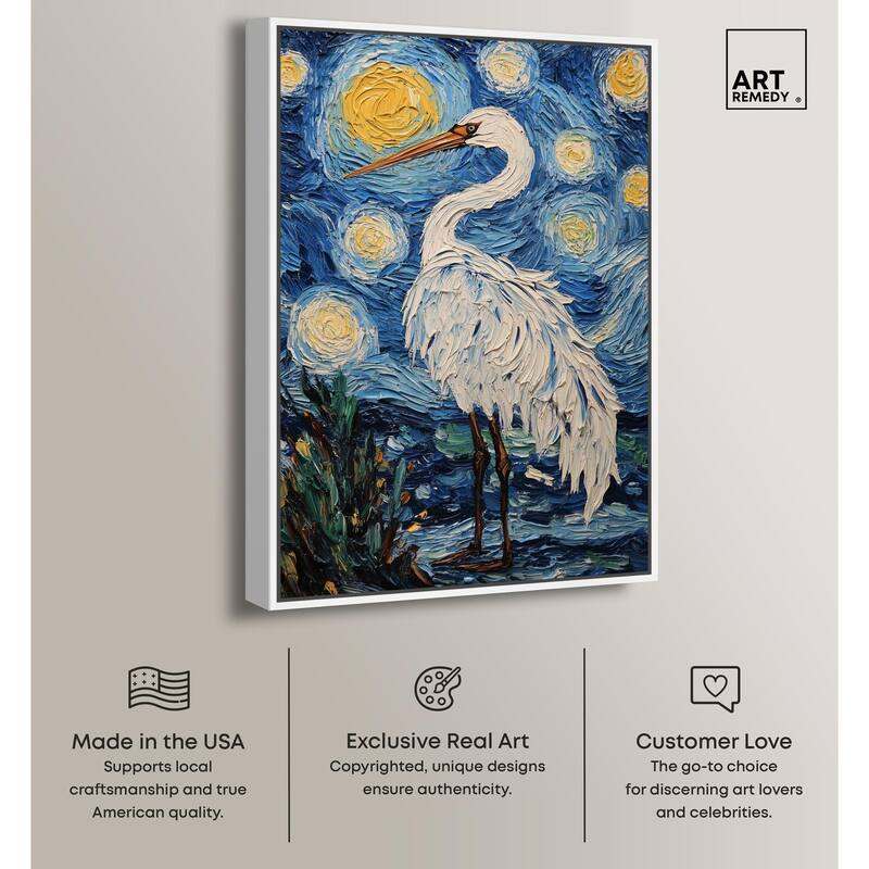 Crane in Starry Night Canvas by Art Remedy