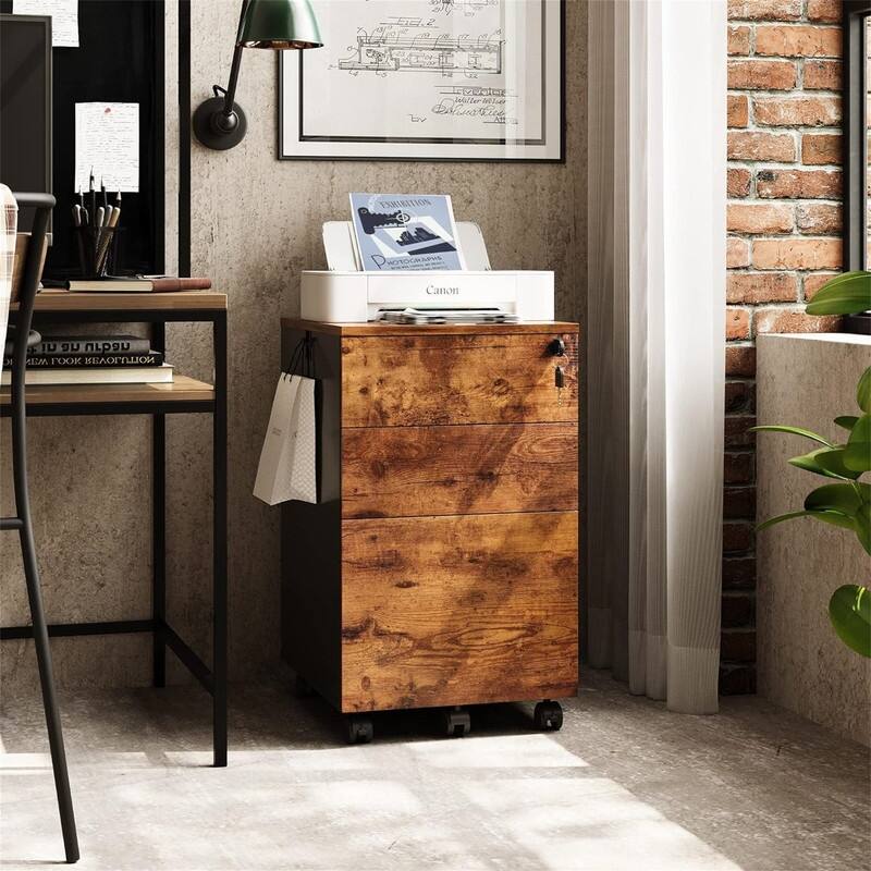 3 Drawer File Cabinet with Lock - 17.7"D x 15.5"W x 25.8"H - Brown