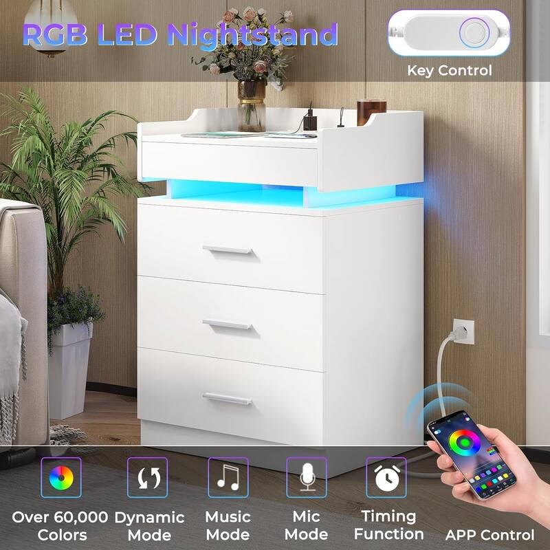 Nightstand with Charging Station and LED Lights 3 Drawers