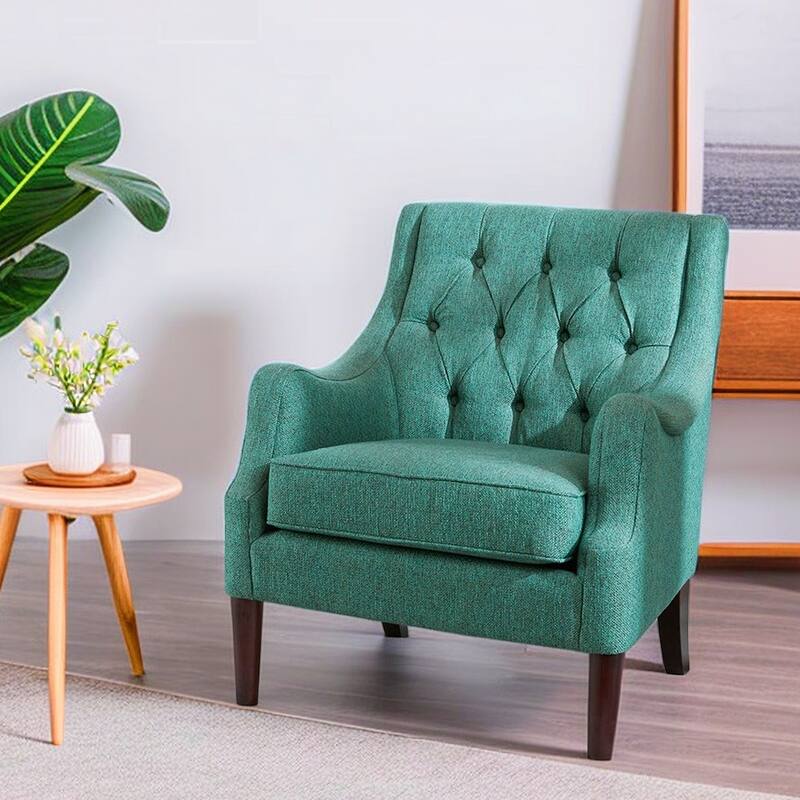 Accent Chair for Bedroom Living Room Chairs Tufted Upholstered Lounge Chair with Wood Legs Linen Fabric