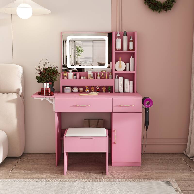 Vanity Desk with LED Mirror & Power Outlet, Makeup Dressing Table