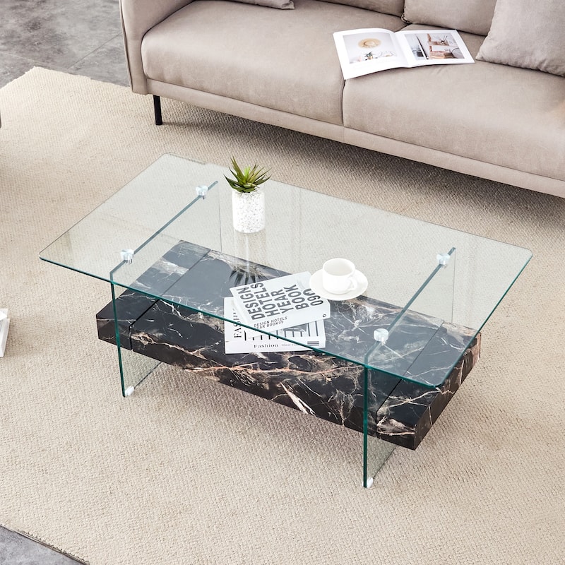 Roomfitters 43.3" Two-Tier Glass Coffee Table with Light Wood Shelf, Side Table or Display Stand - Black Marble