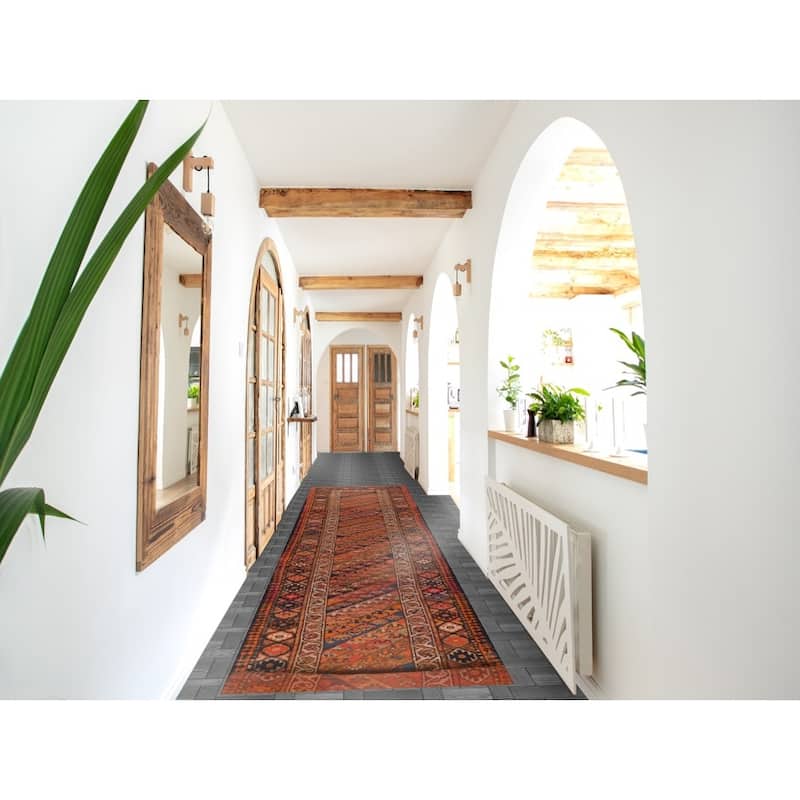 Hand Knotted Oriental 100% Wool Carpet Traditional Geometric Oranges & Rust Lori Runner Rug - 14' 9'' X 2' 10''