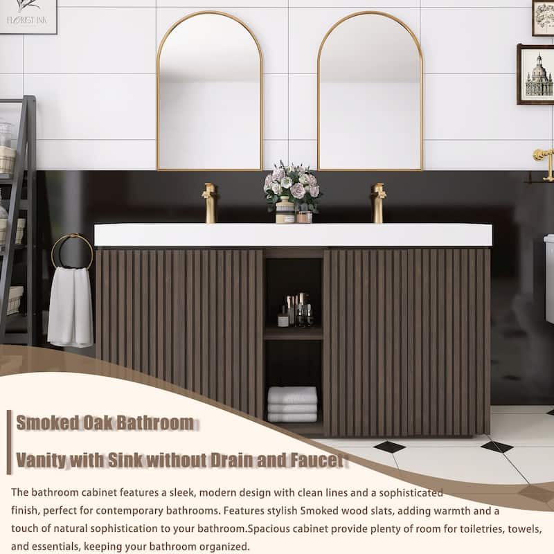 59.6'' Freestanding Bathroom Vanity with White Integrated Solid Surface Sink in Smoked Oak - 59.49'' x 19.11'' x 36.45''