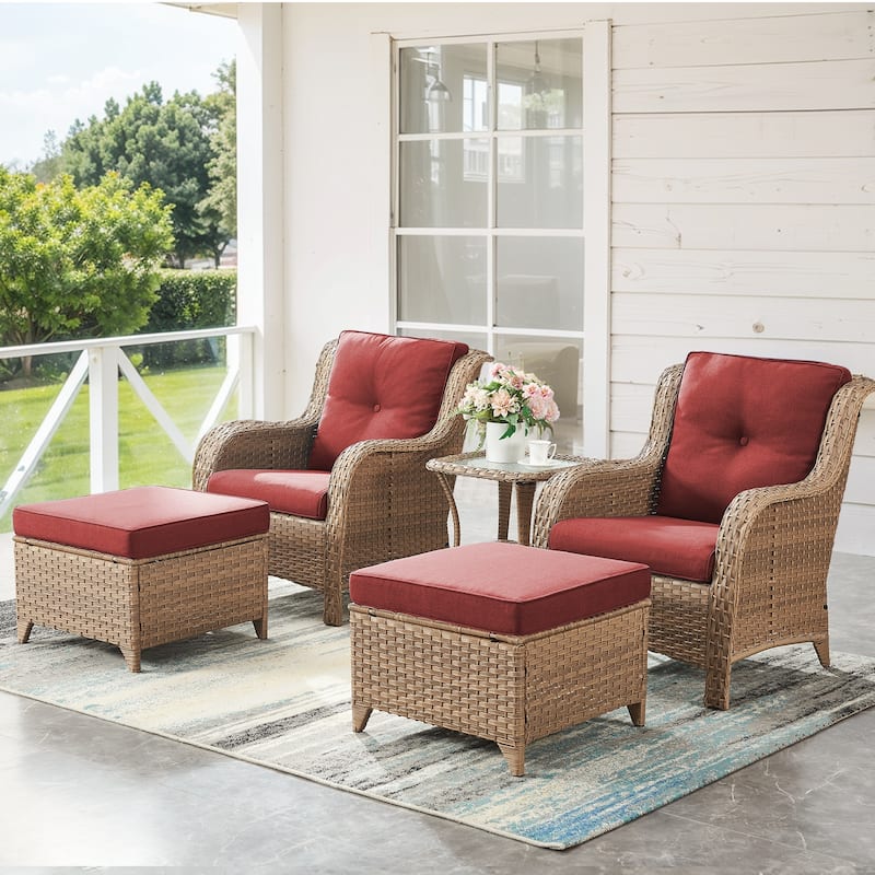 Pocassy 5 Pieces Outdoor Patio Chairs Ottoman Table with Cushion - Red cushion - Yelllow Wicker