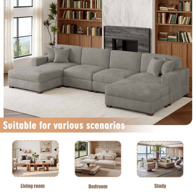 Oversized Chenille Modular Sectional Sofa Conversation Set with 2 Ottomans