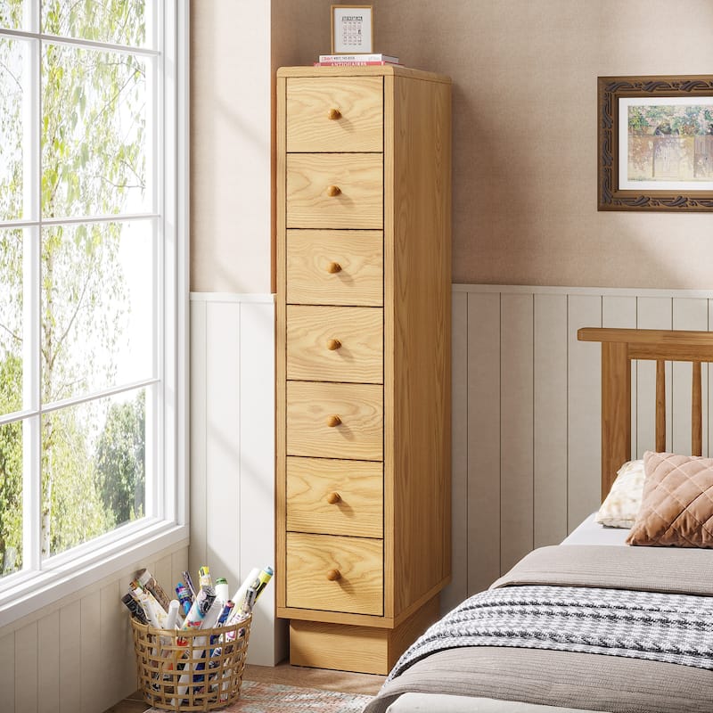 Tall Dresser with 5 Drawers, Wood Slim Storage Drawer Organizer, Oak