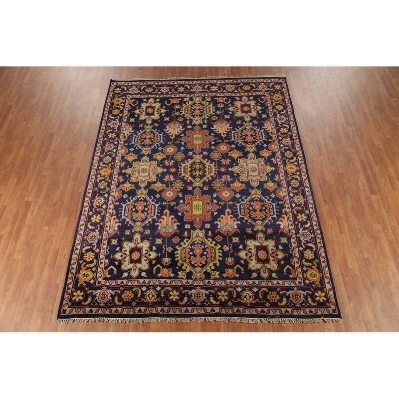 All-Over Blue Geometric Oushak Oriental Area Rug Handmade Wool Carpet - 7'10"x 10'4"