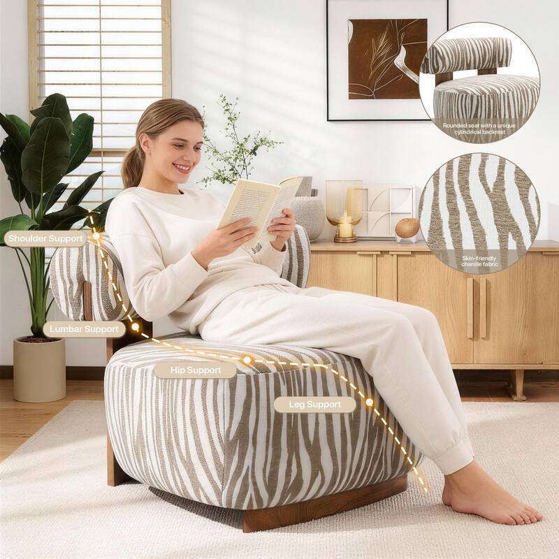 Rossetta Zebra-Striped Chenille Fabic Low Cylindrical Backrest Armchair with High-Quality Foam Cushion
