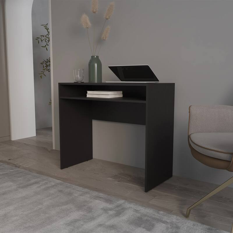 35" White Desk with Storage, Minimalist Workspace for Computers and Accessories, Durable Melamine Design