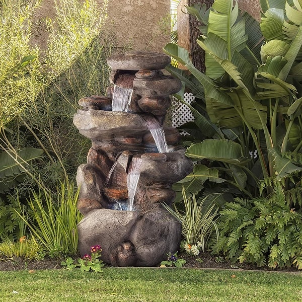 slide 2 of 12, Alpine Corporation 40" Tall Outdoor Tiered Rock Water Fountain with LED Lights