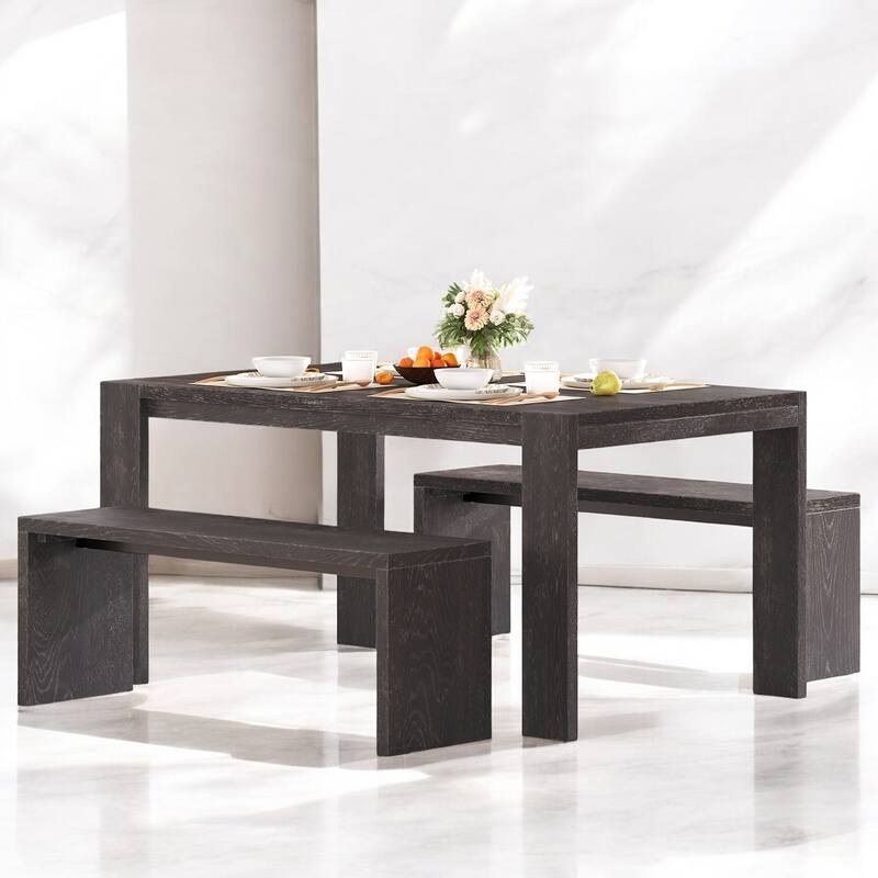 3-Piece Farmhouse Dining Table Set with 2 Benches, Space-Saving Wood Kitchen Table for Dining Room or Kitchen - Espresso