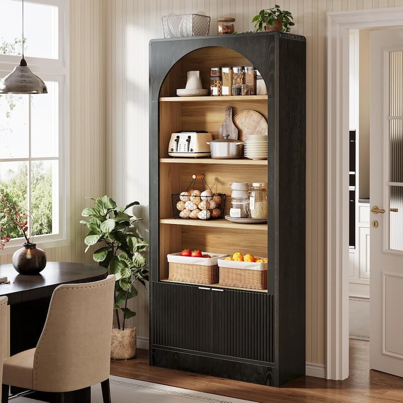 71" Tall 5-Tier Modern Arched Black Bookcase with Cabinet and Fluted Cabinet - 11.81"D × 31.5"W × 70.87"H