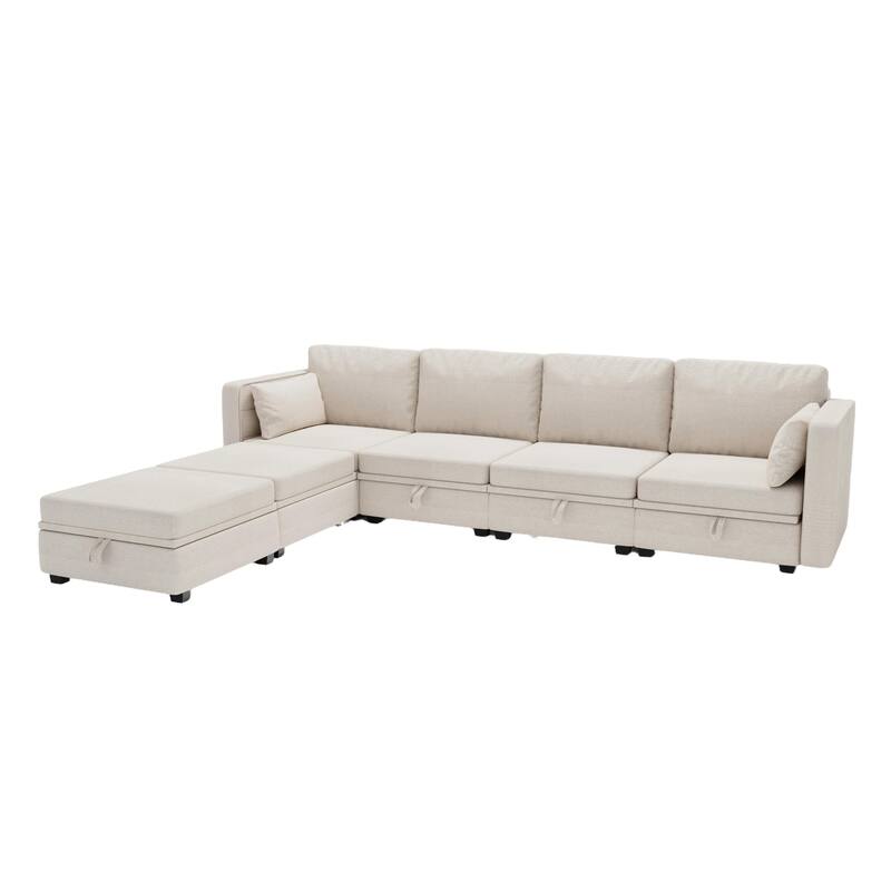 Linen Fabric U Shaped Modular Couch Set with Ottomans and Storage Seats