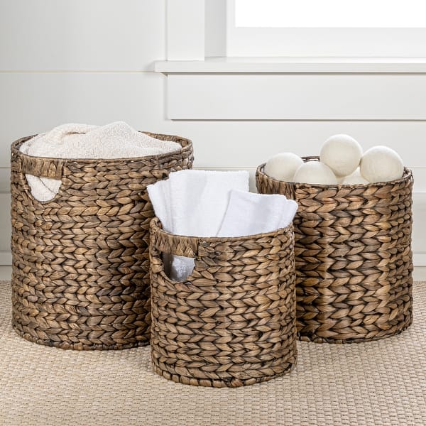 slide 2 of 5, Handwoven Hyacinth Cylinder Nesting Baskets with Handles (Set 3) Brown