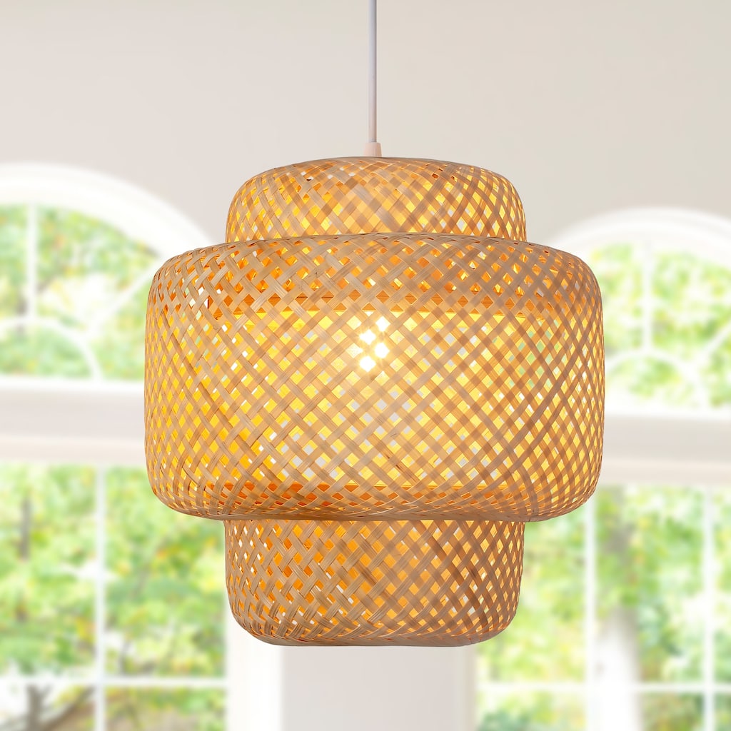 1-Light Yellow Pendant Light with Bamboo Vine Shade for Bedroom Dining Room