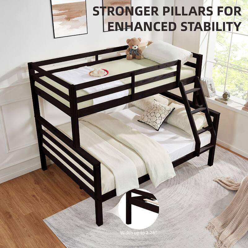 Twin over Full Wooden Bunk Bed,High Guardrail,Ladder,No Box Spring