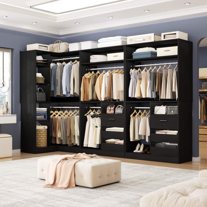 Qvella Corner Closet System with 6 Wooden Drawers and 6 Hanging Rods, Closet Organizer Wardrobe for Walk-in/Reach-in Closet