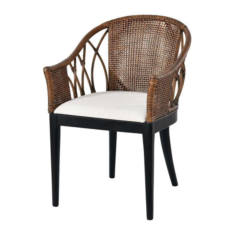 Bohemian 18" Seat W Rattan Barrel Arm chair with Upholstered Seat Accent Chair