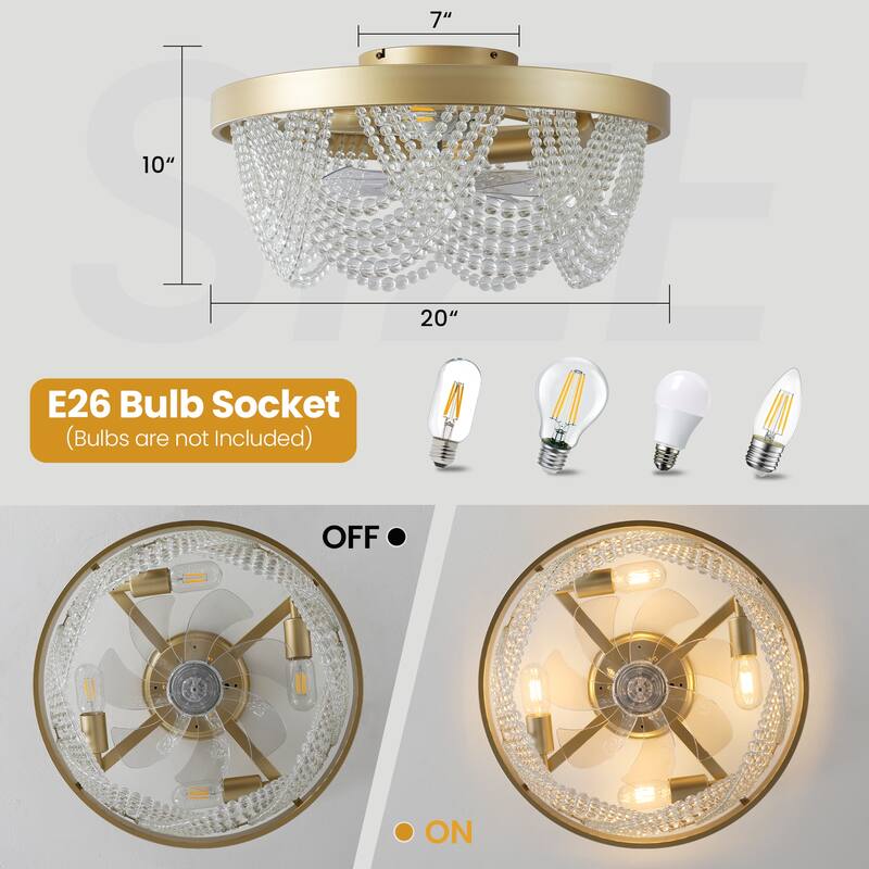 20'' Boho Crystal Ceiling Fans with Lights Flush Mount