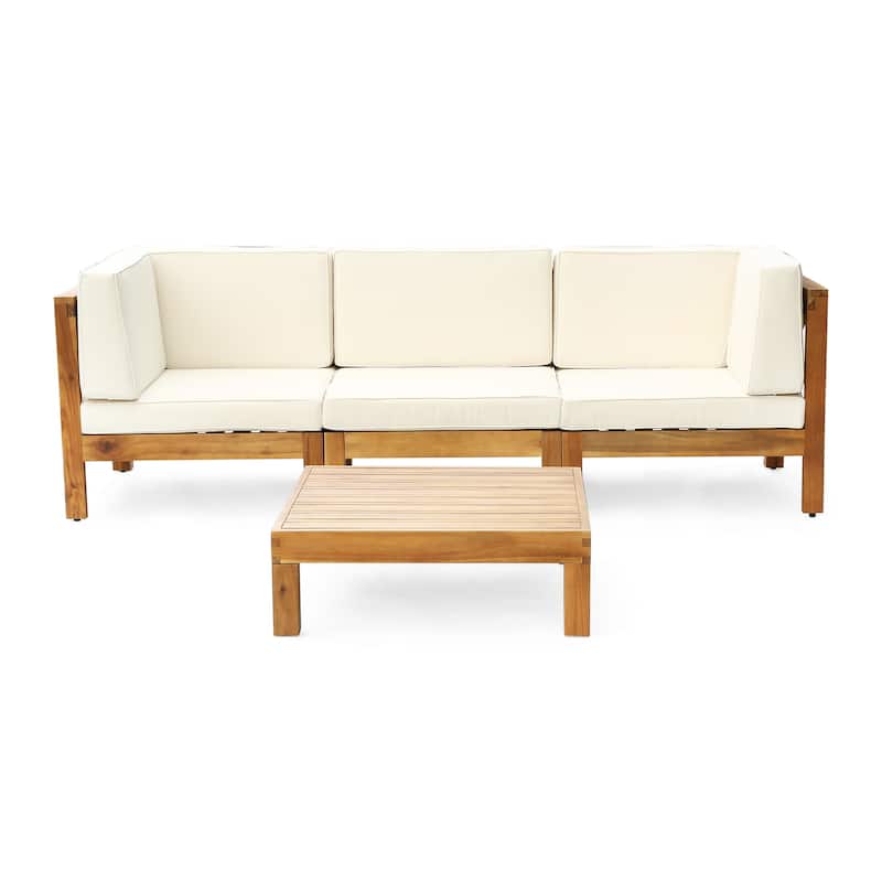 Oana Outdoor 3-Seater Acacia Wood Sectional Sofa Set with Coffee Table by Christopher Knight Home - teak +  beige cushion