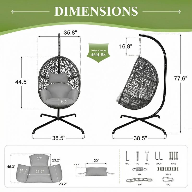 Oversized Egg Chair with Stand, 460 lbs Heavy-Duty Outdoor/Indoor Wicker Hanging Basket Chair