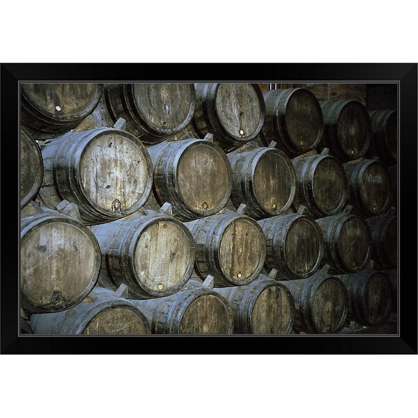 "barrels of wine in winery" Black Framed Print