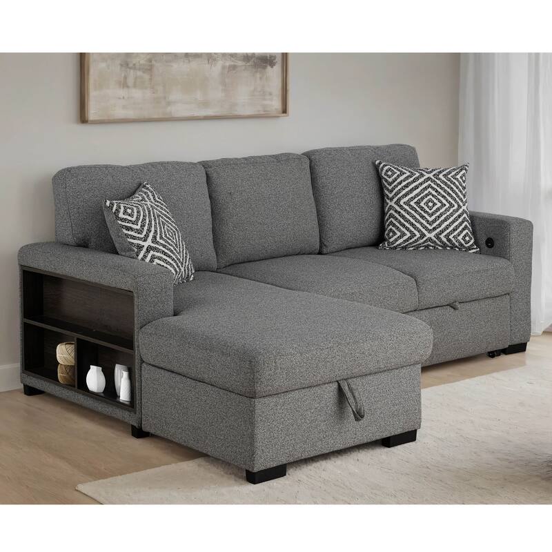 Furniture of America Oswin Modern Grey Pull-Out Sleeper Sofa Sectional with Storage Shelves and USB Ports