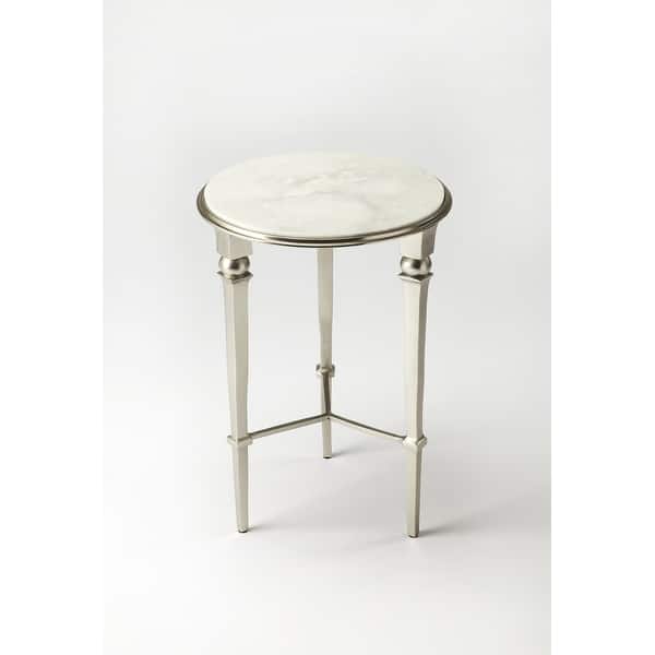 slide 2 of 2, Handmade Darrieux White and Silvertone Iron and Aluminum End Table (India) Marble