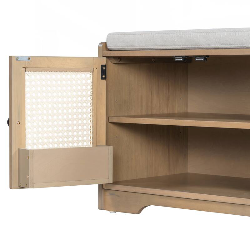 Rustic Storage Bench Multifunctional Wood Entryway Shoe Bench with Removable Cushion, Woven Rattan Doors & Adjustable Shelves